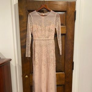 NWT BCBG Maxazria gown, mesh embroidered top, in barepinkco